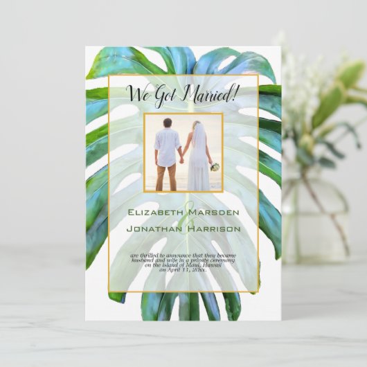 Invitation Tropical Leaf Just Married Photo Script Mariage (Debout devant)