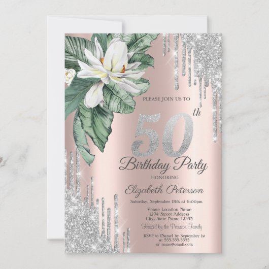 Invitation Tropical Leaf Magnolia Drips Rose Gold 50e (Devant)