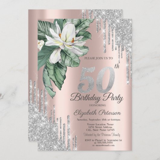 Invitation Tropical Leaf Magnolia Drips Rose Gold 50e (Devant / Derrière)