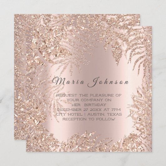 Invitation Tropical Leafs Parties scintillant cadre Blush Ros (Devant / Derrière)