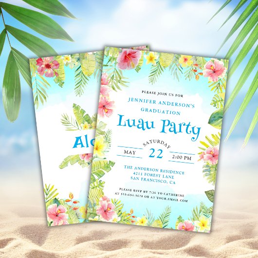 Invitation Tropical Luau Aloha Graduation Party Blue