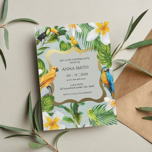 Invitation Tropical Luau Parrots Plumeria fête d'anniversaire