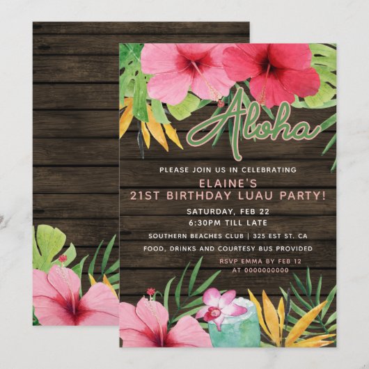 Invitation Tropical LUAU pour adultes fête d'anniversaire (Devant / Derrière)