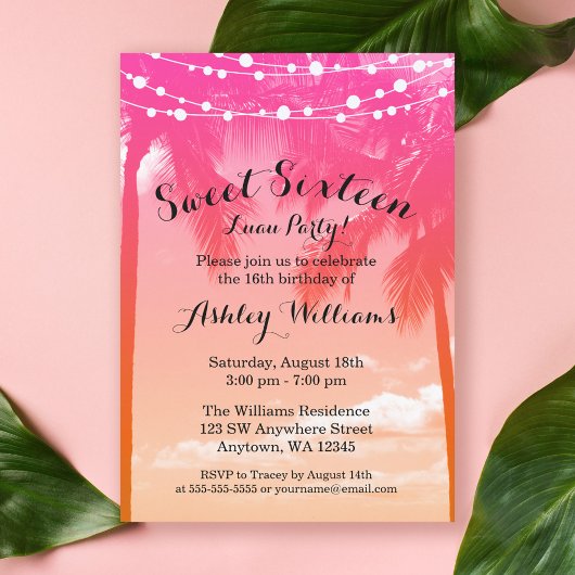 Invitation Tropical Luau Rose Orange Sweet 16 Anniversaire