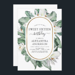 Invitation Tropical Magnolia Sweet sixteen Anniversaire Inv<br><div class="desc">Fleurs de Magnolia Tropical avec Palm de verdure florale et Faux Gold Foil Frontière géométrique Printemps ou Sweet sixteen d'été Invitations de fête d'anniversaire - comprend belle et élégante typographie script avec des fleurs botaniques tropicales modernes et la verdure pour la fête spéciale 16ème anniversaire.</div>