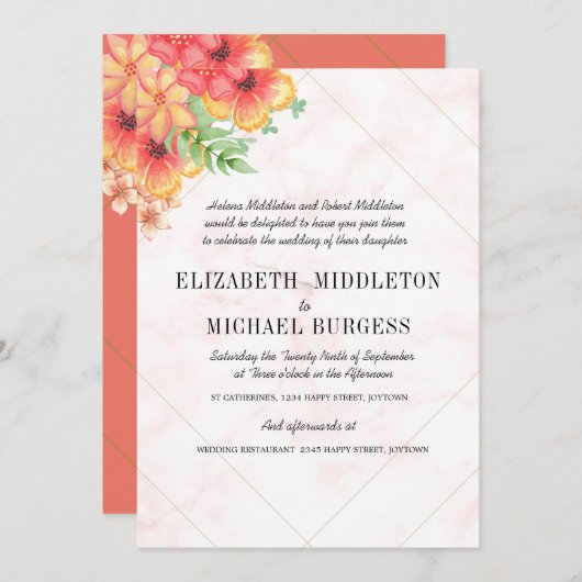 Invitation Tropical Mariage Floral Coral Moderne Chic (Devant / Derrière)