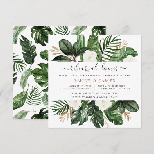 Invitation Tropical Modern Palm Cactus White Floral Rehearal (Devant / Derrière)