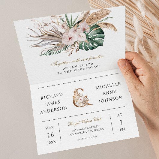Invitation Tropical Monstera Boho Pampas QR Code Wedding