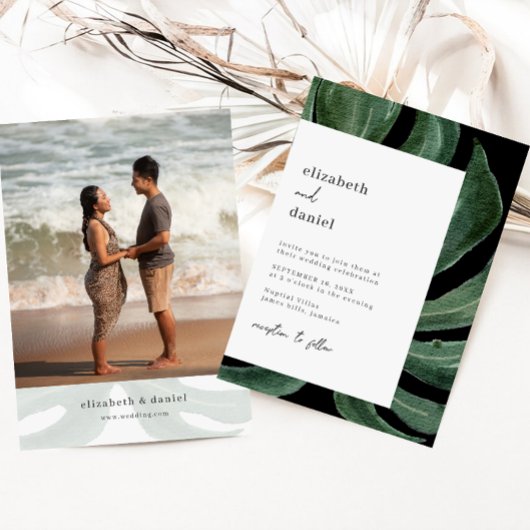 Invitation Tropical Monstera Leaf Destination Wedding Photo