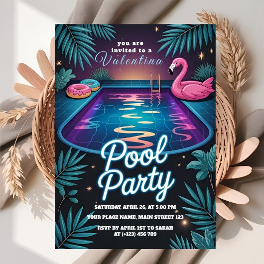 Invitation Tropical Neon Pool Party Birthday