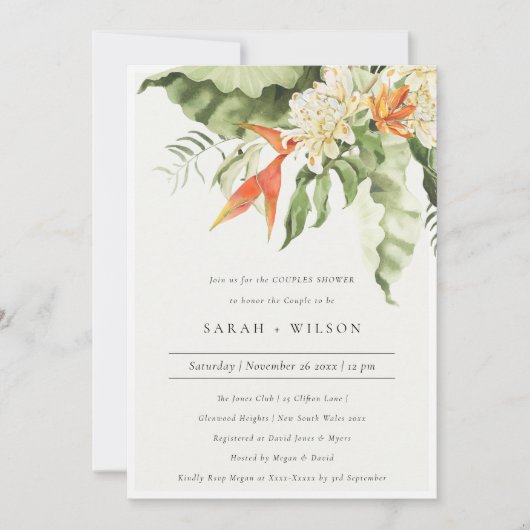 Invitation Tropical Orange Green Botanical Couples Douche (Devant)