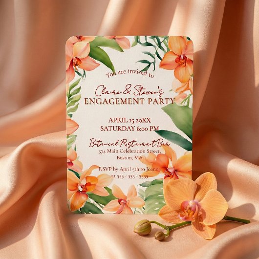 Invitation Tropical Orange Orchid & Greenery Engagement Party