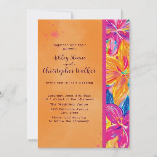 Invitation Tropical Orange Pink Watercolor Floral Wedding (Devant)