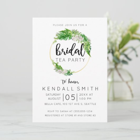 Invitation Tropical Palm and Greenery Wreath Bridal Tea Party (Debout devant)