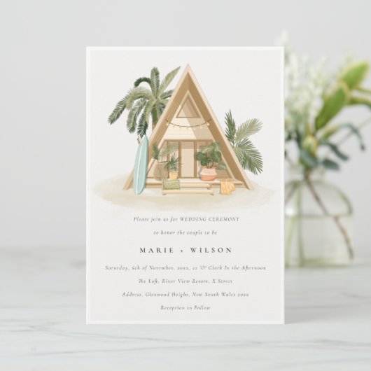 Invitation Tropical Palm Beach Shack Mariage QR Code RSVP (Debout devant)