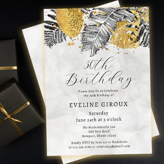 Invitation Tropical Palm Black White Gold 30e anniversaire