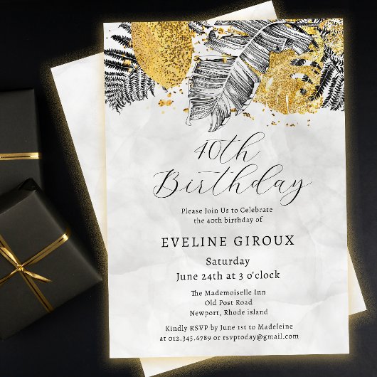 Invitation Tropical Palm Black White Gold 40e anniversaire
