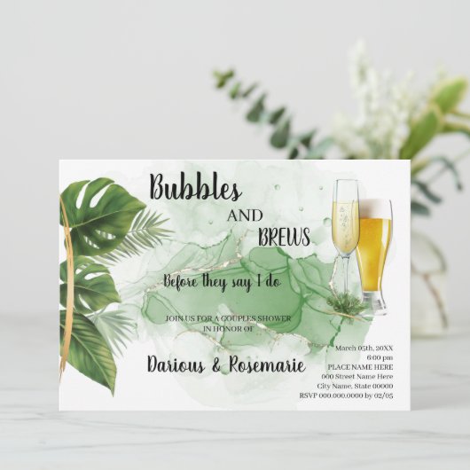 Invitation Tropical Palm Bubble & Brews Couples Douche Invit (Debout devant)