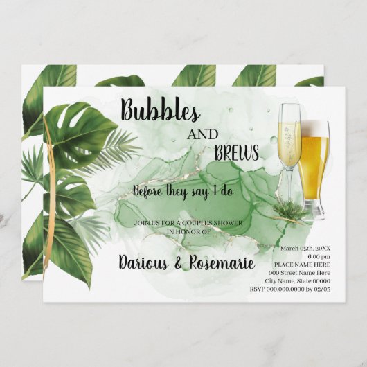 Invitation Tropical Palm Bubble & Brews Couples Douche Invit (Devant / Derrière)