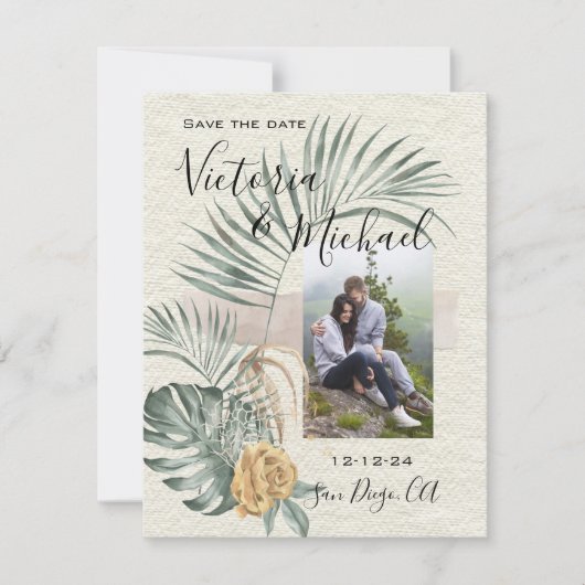 Invitation Tropical Palm Feuille mariage Photo Enregistrer la (Devant)