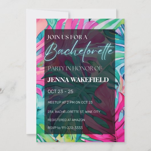 Invitation Tropical Palm Feuille Neon Bachelorette Party (Devant)