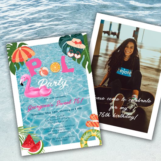 Invitation Tropical Palm Feuille Pool Party Sweet 16 Annivers