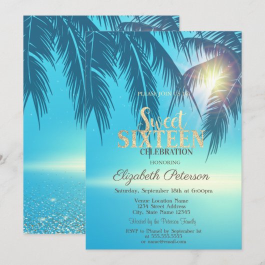 Invitation Tropical Palm Feuille Sweet 16 (Devant / Derrière)