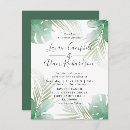 Invitation Tropical Palm Feuille Verdure Mariage aquarelle (Devant / Derrière)