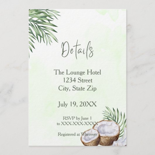 Invitation Tropical Palm Leaf & Coconut Details Card (Devant)