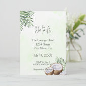 Invitation Tropical Palm Leaf & Coconut Details Card (Debout devant)