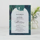 Invitation Tropical Palm Leaves Écriture Mariage (Debout devant)