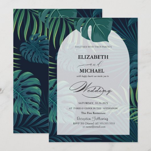 Invitation Tropical Palm Leaves Écriture Mariage (Devant / Derrière)