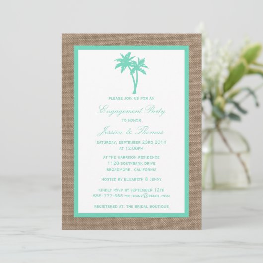 Invitation Tropical Palm Tree Burlap Beach Engagement Party (Debout devant)