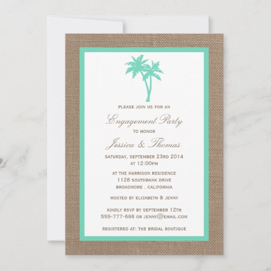Invitation Tropical Palm Tree Burlap Beach Engagement Party (Devant)