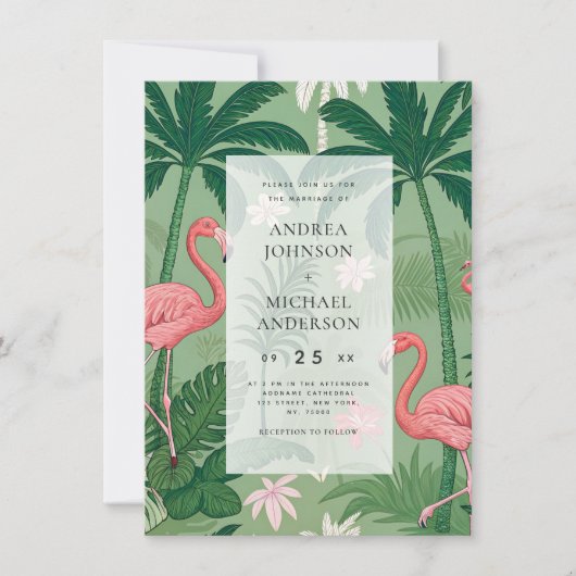 Invitation Tropical Palm Tree Flamingo Destination Wedding (Devant)