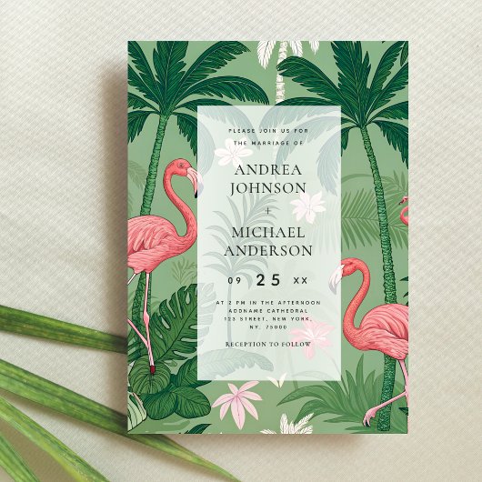Invitation Tropical Palm Tree Flamingo Destination Wedding