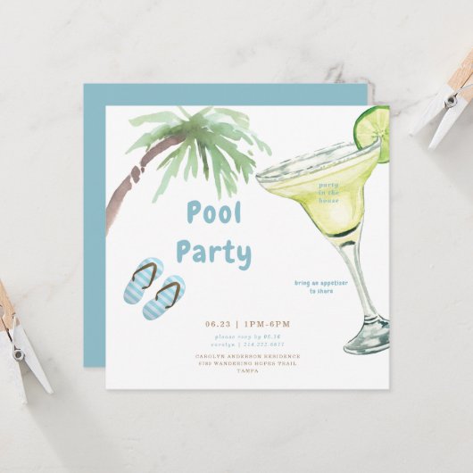 Invitation Tropical Palm Tree Margarita Pool Party (Devant/Arrière en situation)