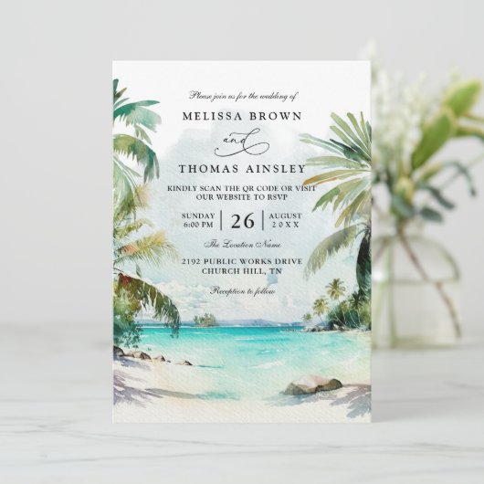Invitation Tropical Palm Trees Beach Scene QR Code Wedding (Debout devant)