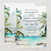 Invitation Tropical Palm Trees Beach Scene QR Code Wedding (Devant / Derrière)