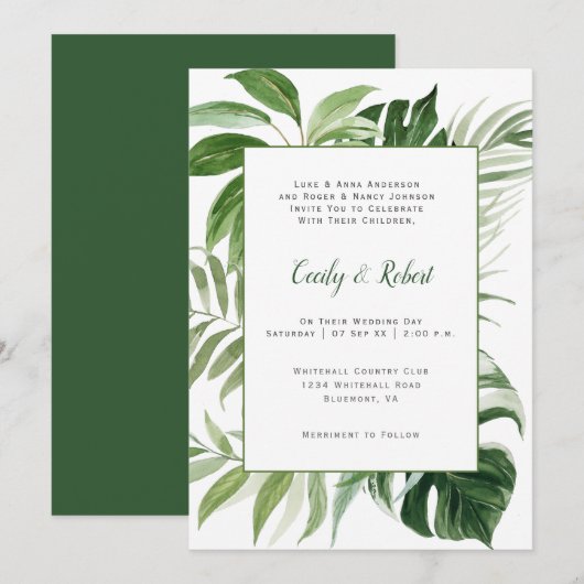 Invitation Tropical Paradise Mariage botanique luxuriant | (Devant / Derrière)