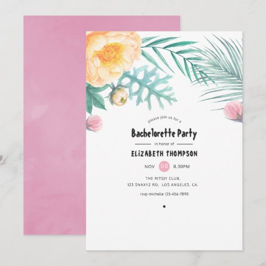 Invitation Tropical Pink and Mint Floral Bachelorette Party (Devant / Derrière)