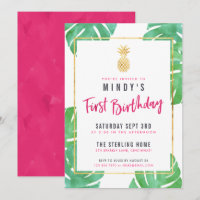 Tropical Pink & Gold 1er anniversaire de fête Invi