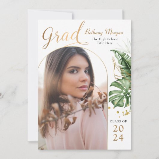 Invitation Tropical Pink Gold Arch Photo Graduation Party (Dos)