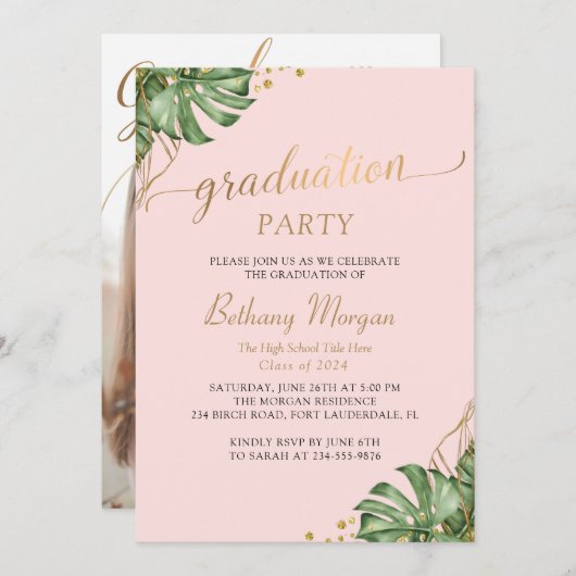 Invitation Tropical Pink Gold Arch Photo Graduation Party (Devant / Derrière)
