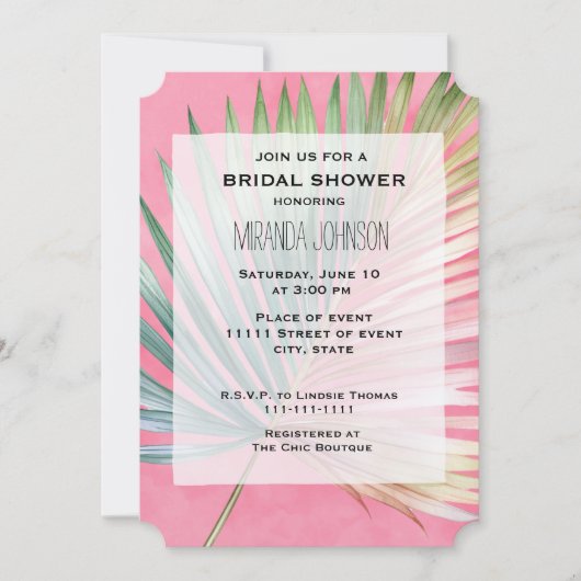 Invitation Tropical Pink Green Leaf douche nuptiale (Devant)