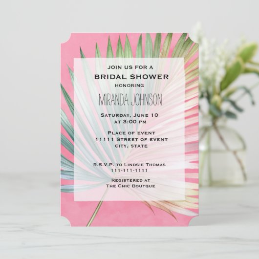 Invitation Tropical Pink Green Leaf douche nuptiale (Debout devant)