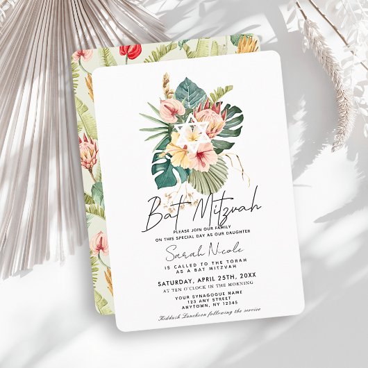 Invitation Tropical Pink Hibiscus Botanical Bat Mitzvah
