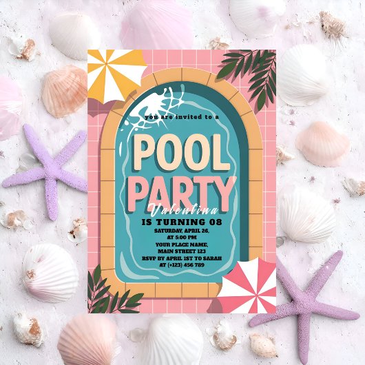 Invitation Tropical Pink Palm Springs Pool Party Birthday