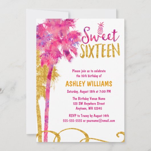 Invitation Tropical Pink Palm Tree Faux Gold Parties scintill (Devant)