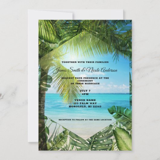 Invitation Tropical Plage Feuilles de Palmier Mariage Chic In (Devant)